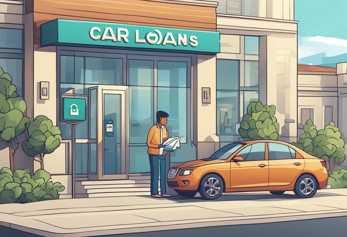 A car parked in front of a bank with a sign that reads "Car Loans Available." A person inside the bank is handing over documents to a bank officer