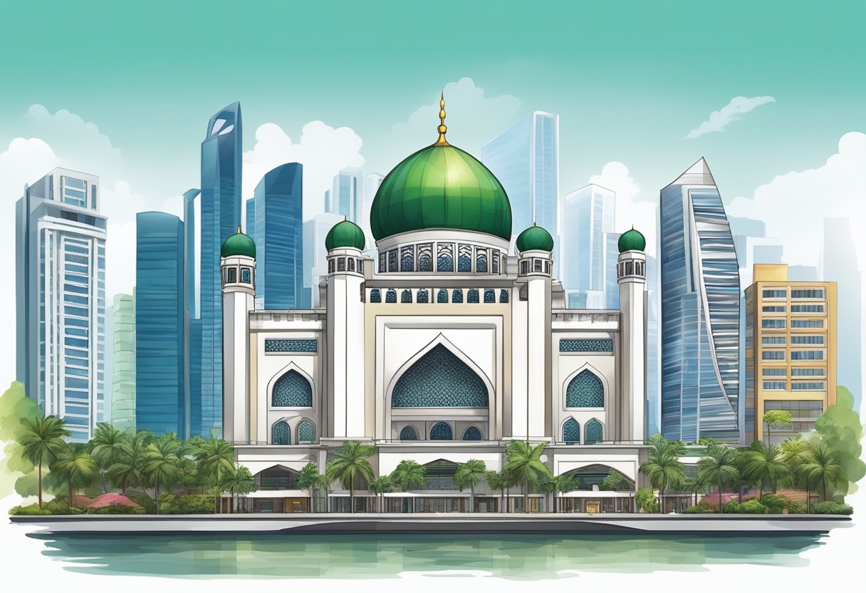 A modern mosque nestled among high-rise buildings in the heart of Singapore's bustling city center, surrounded by a diverse and vibrant community