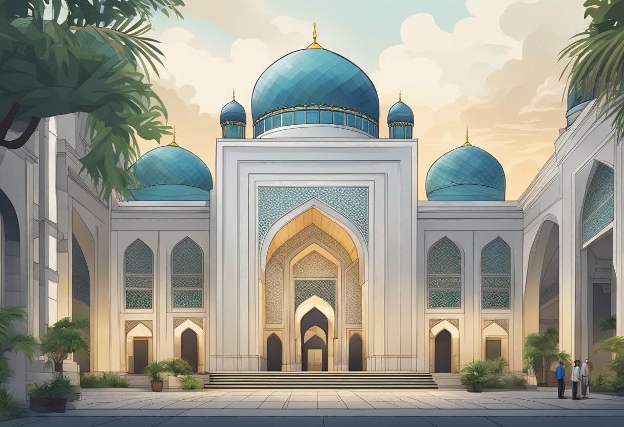 The mosque in Singapore is bustling with visitors, with a serene atmosphere and intricate architectural details