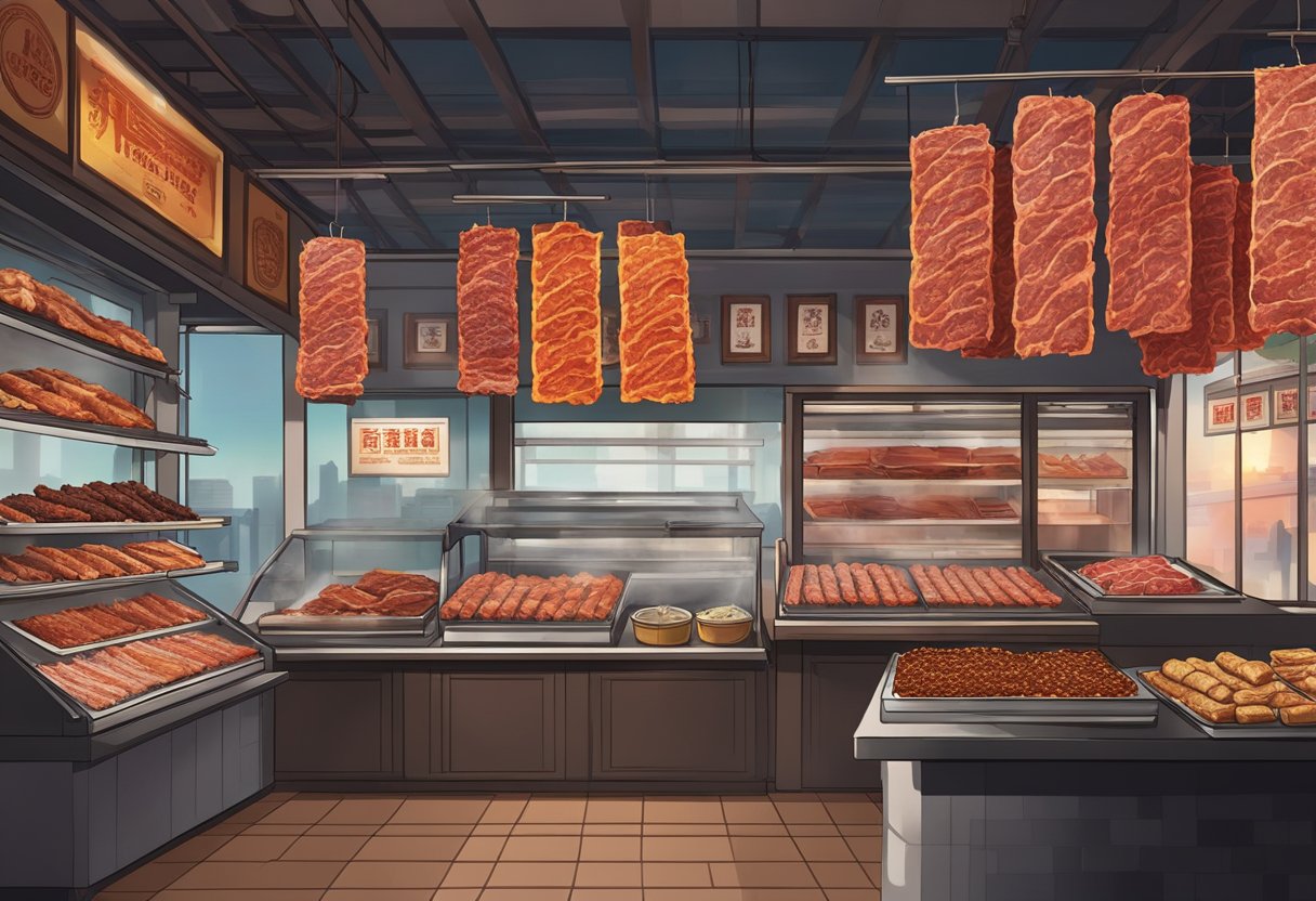 A traditional bak kwa shop in Singapore with hanging strips of barbecued meat, a charcoal grill, and a display of various flavors