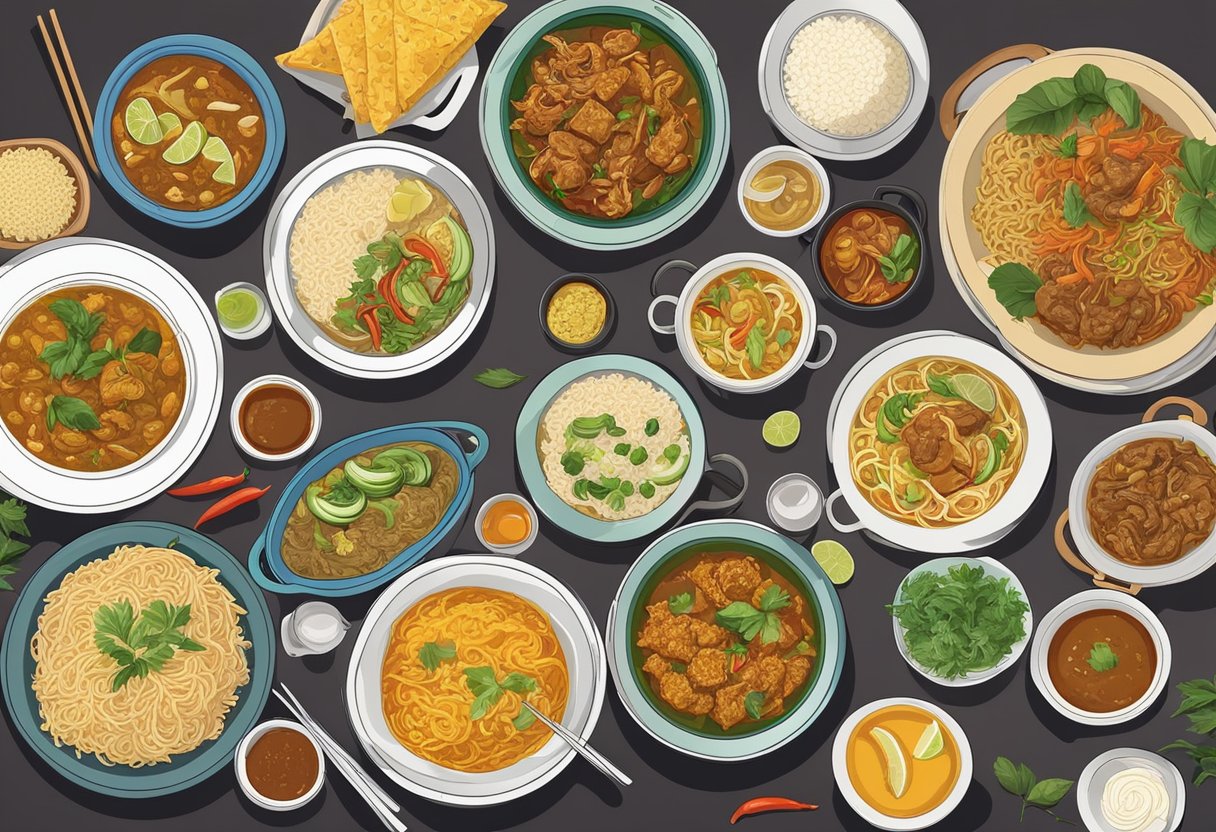A colorful spread of Burmese dishes on a table in a bustling Singaporean restaurant, with aromatic curries, savory noodles, and fragrant rice