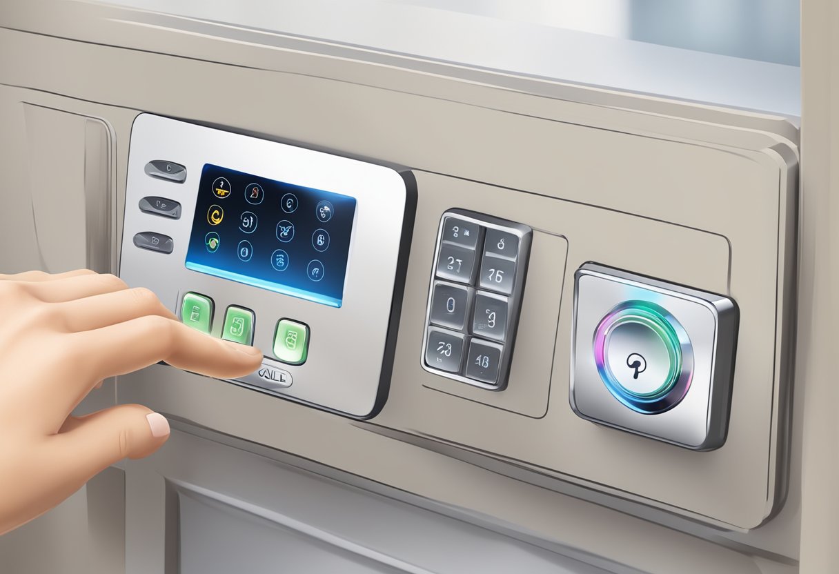 A hand reaches out to touch the sleek touchscreen interface of a Yale digital lock, with the illuminated keypad and keyless entry features on display