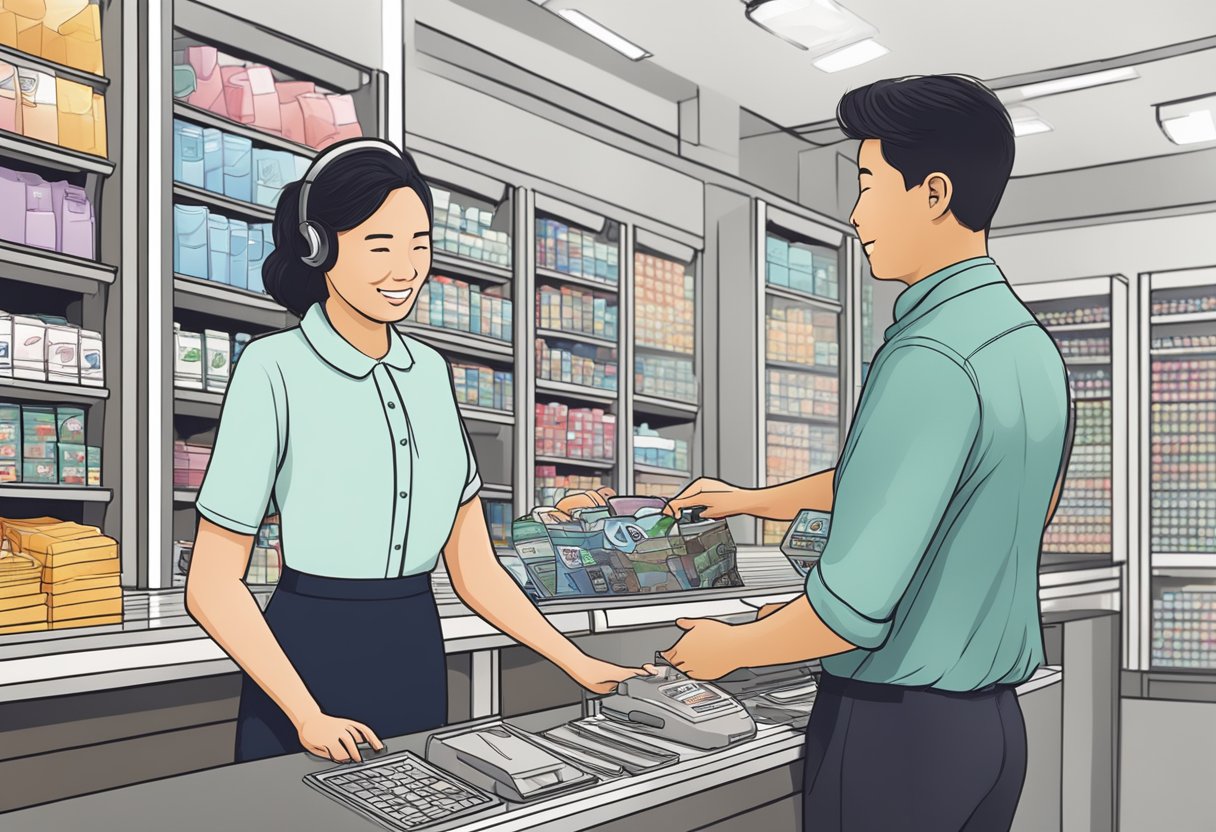A customer service representative assists a client with a purchase at the Mayer Singapore store