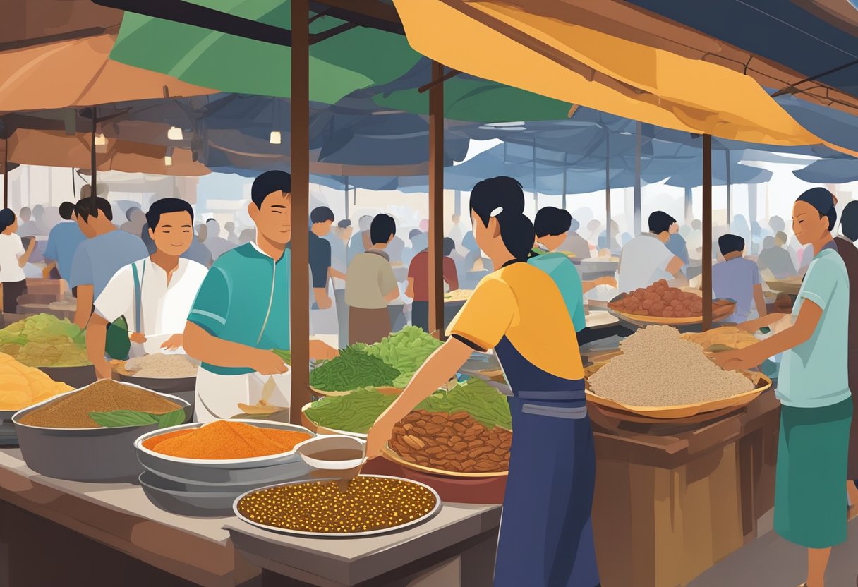 A bustling Burmese food market in Singapore, with colorful stalls selling traditional dishes and ingredients. The aroma of spices and sizzling meats fills the air, while locals and tourists alike sample the diverse culinary offerings