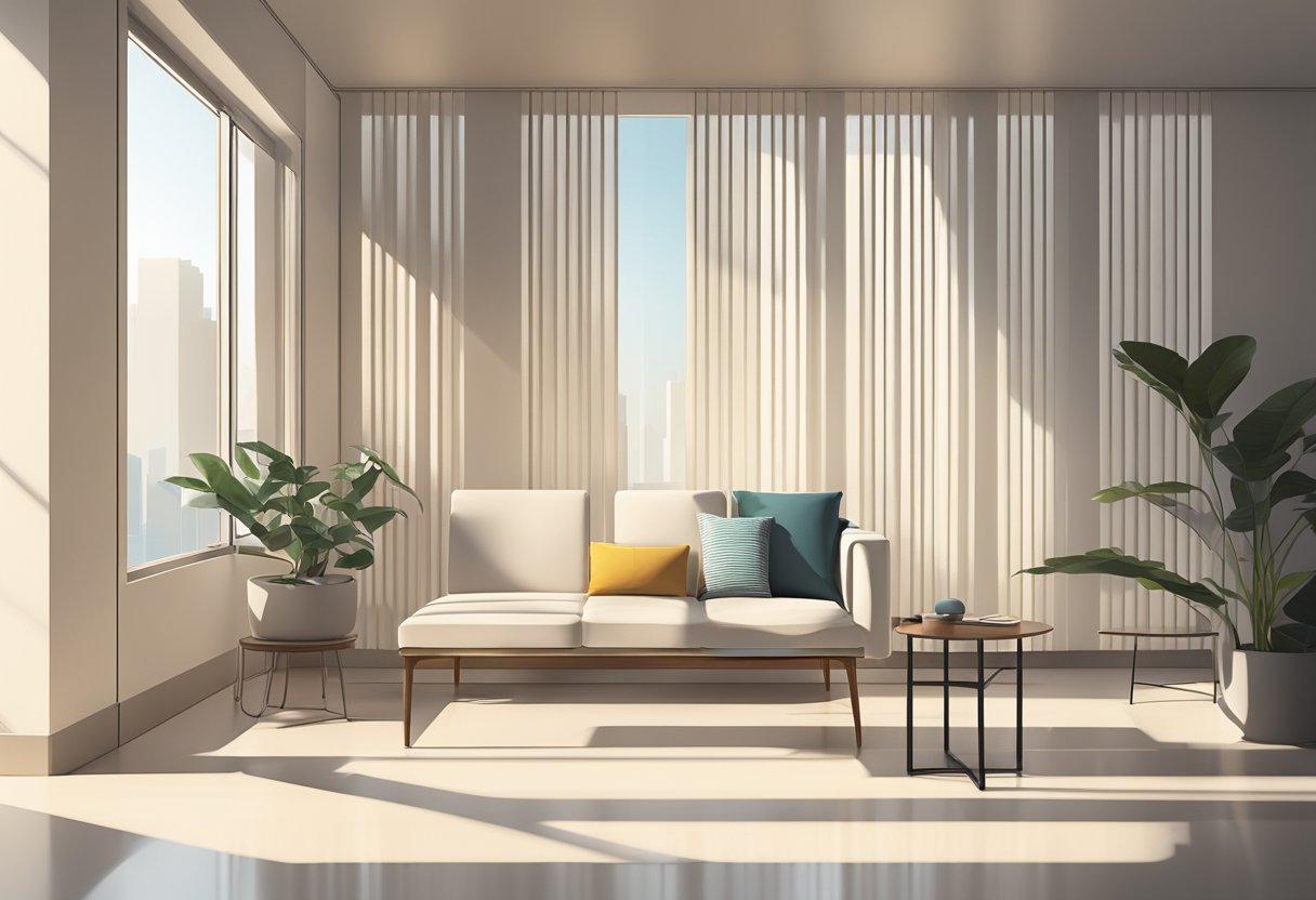 Sunlight streams through white blinds, casting geometric shadows on a minimalist Singaporean interior