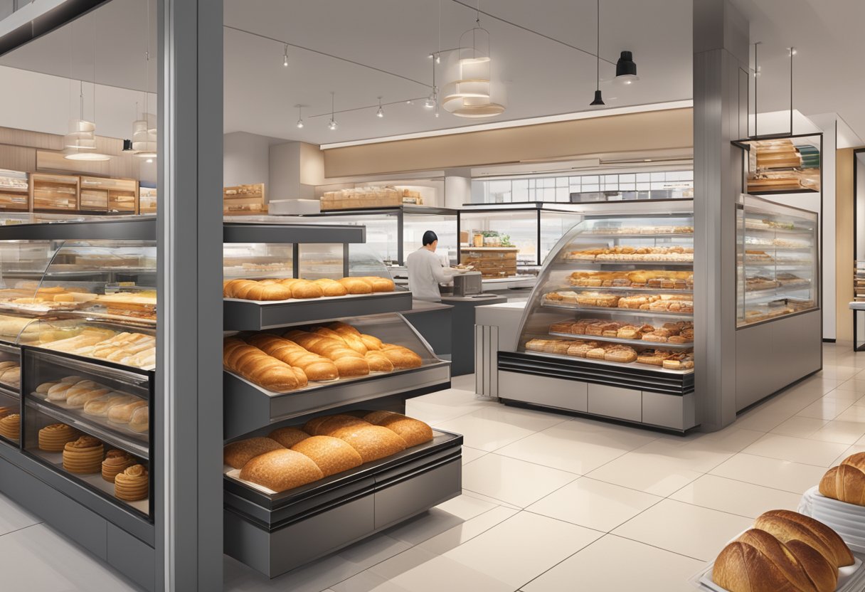 BreadTalk Singapore's brand and expansion showcased through a modern, bustling bakery with a diverse array of bread and pastries on display