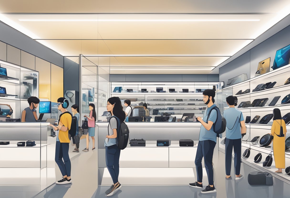 A bustling Sennheiser store in Singapore, with sleek headphones on display and customers exploring the latest audio technology