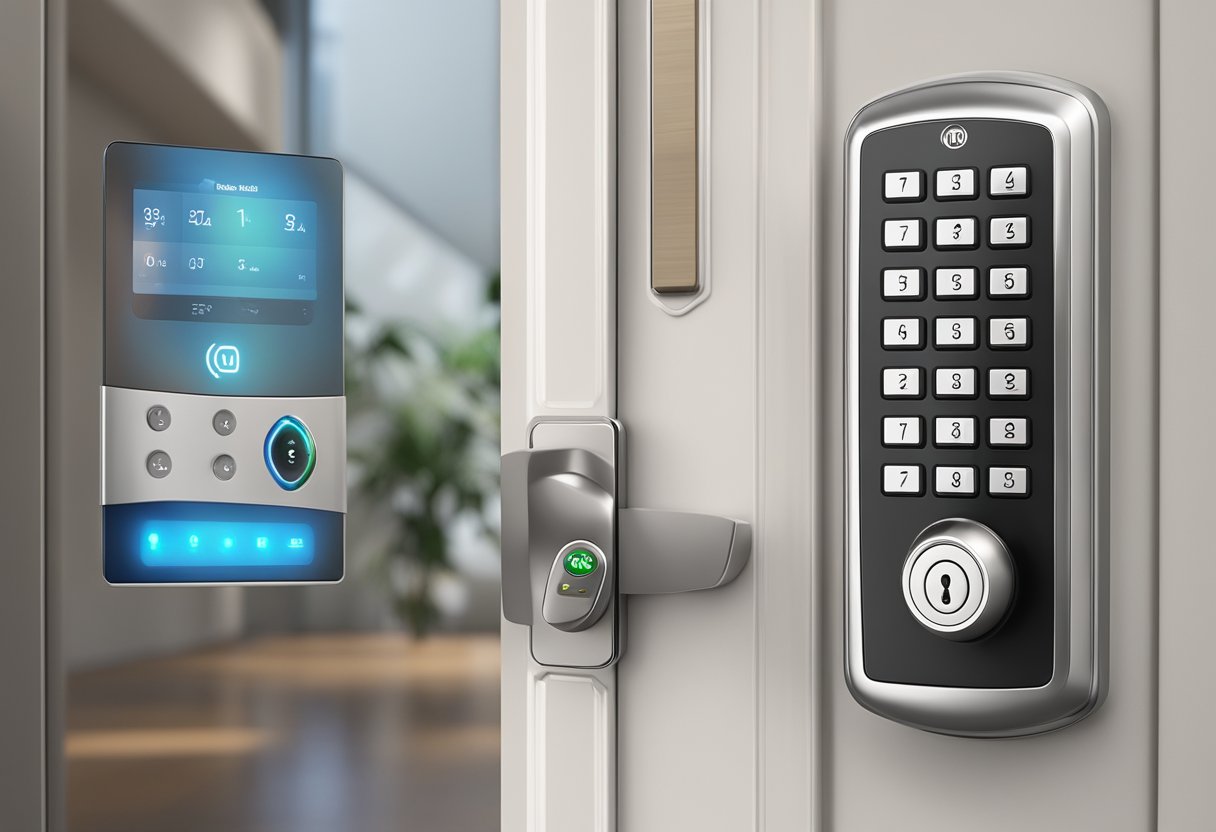 A Yale digital lock installed on a modern door with a sleek design, keypad and keycard access, and a small LED display