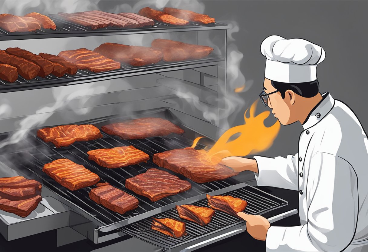 A chef grills marinated meat over charcoal, infusing the air with smoky, sweet aroma of Bak Kwa