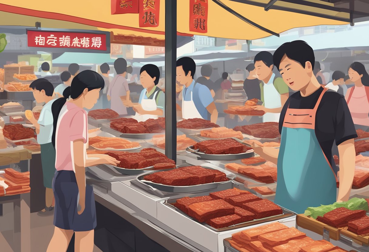 A display of various bak kwa (barbecued meat) products with a sign indicating "Frequently Asked Questions" in a bustling Singapore market