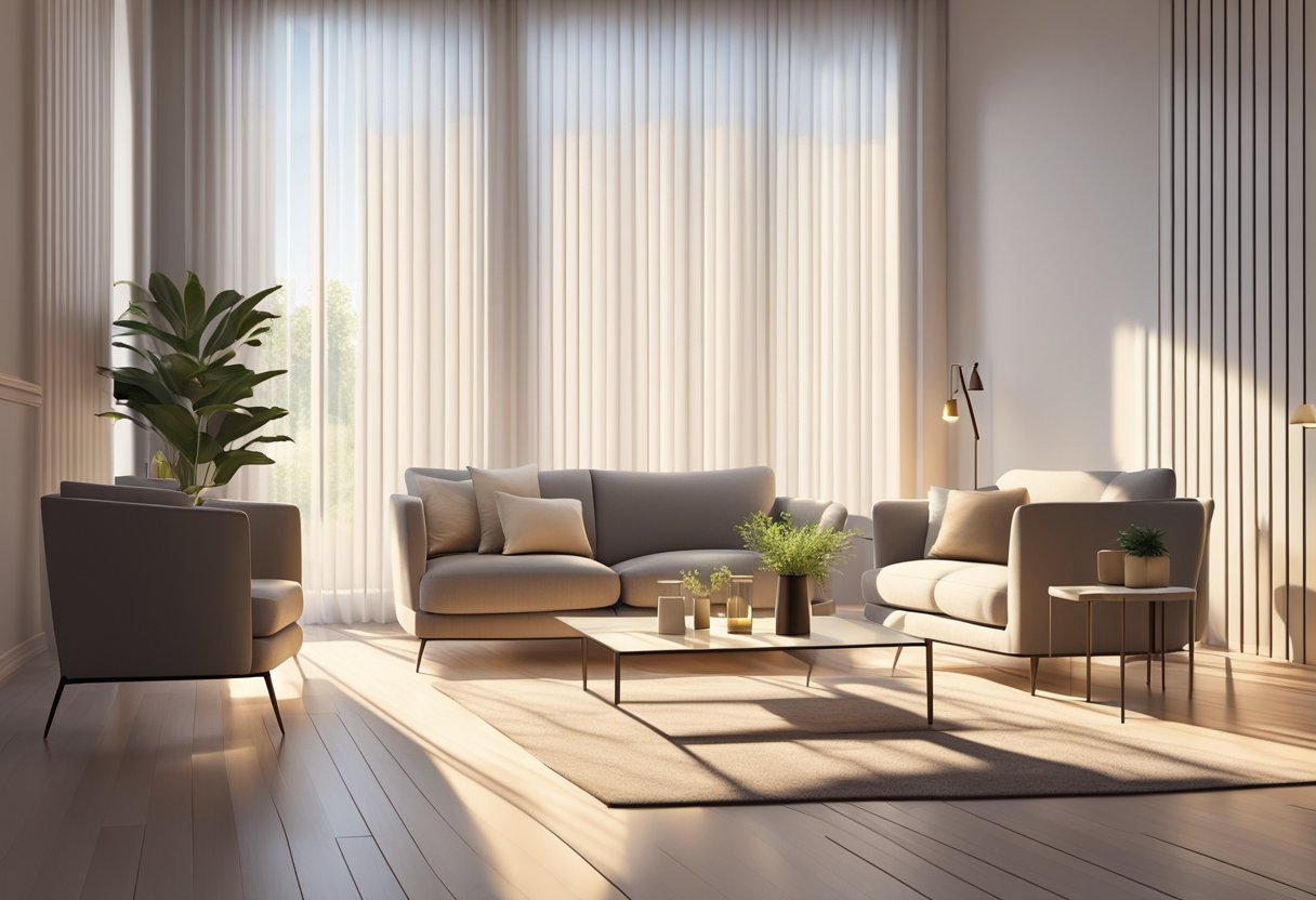 A cozy living room with sunlight streaming through white blinds, casting soft shadows on the floor. The blinds are sleek and modern, adding a touch of elegance to the room