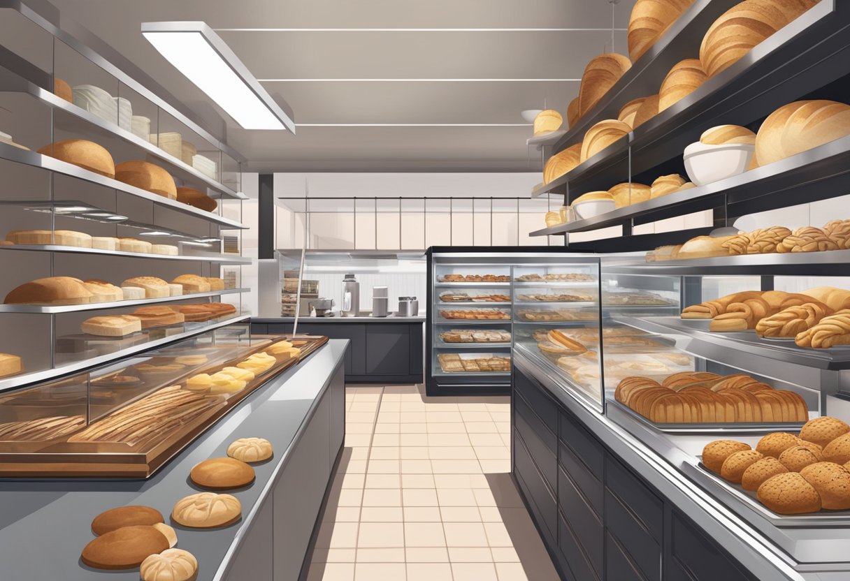 A bustling bakery with a diverse array of artisanal breads, pastries, and desserts displayed on sleek, modern shelves. The aroma of freshly baked goods fills the air, as chefs work diligently behind the counter, crafting innovative culinary creations
