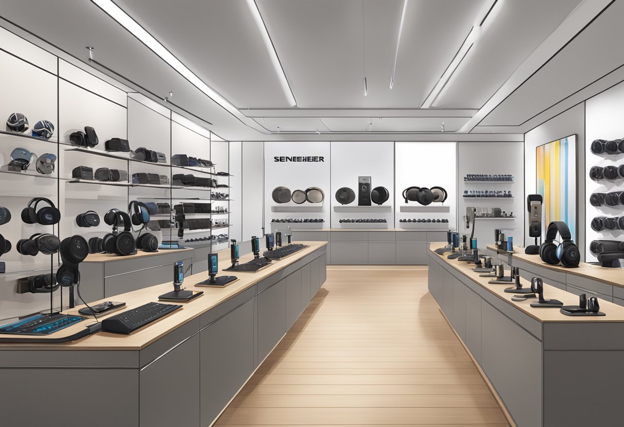 A display of Sennheiser headphones and microphones in a sleek, modern store setting