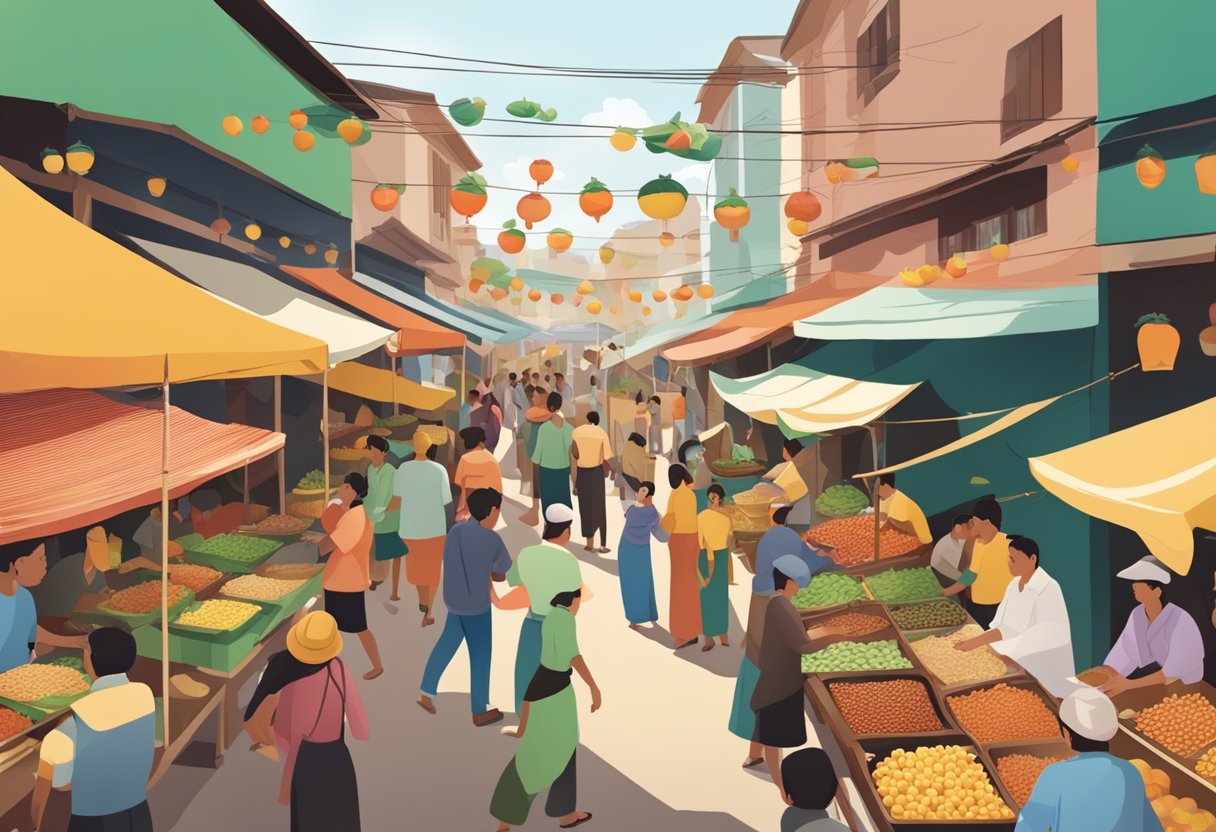 A bustling outdoor market with colorful Burmese food stalls and customers asking questions