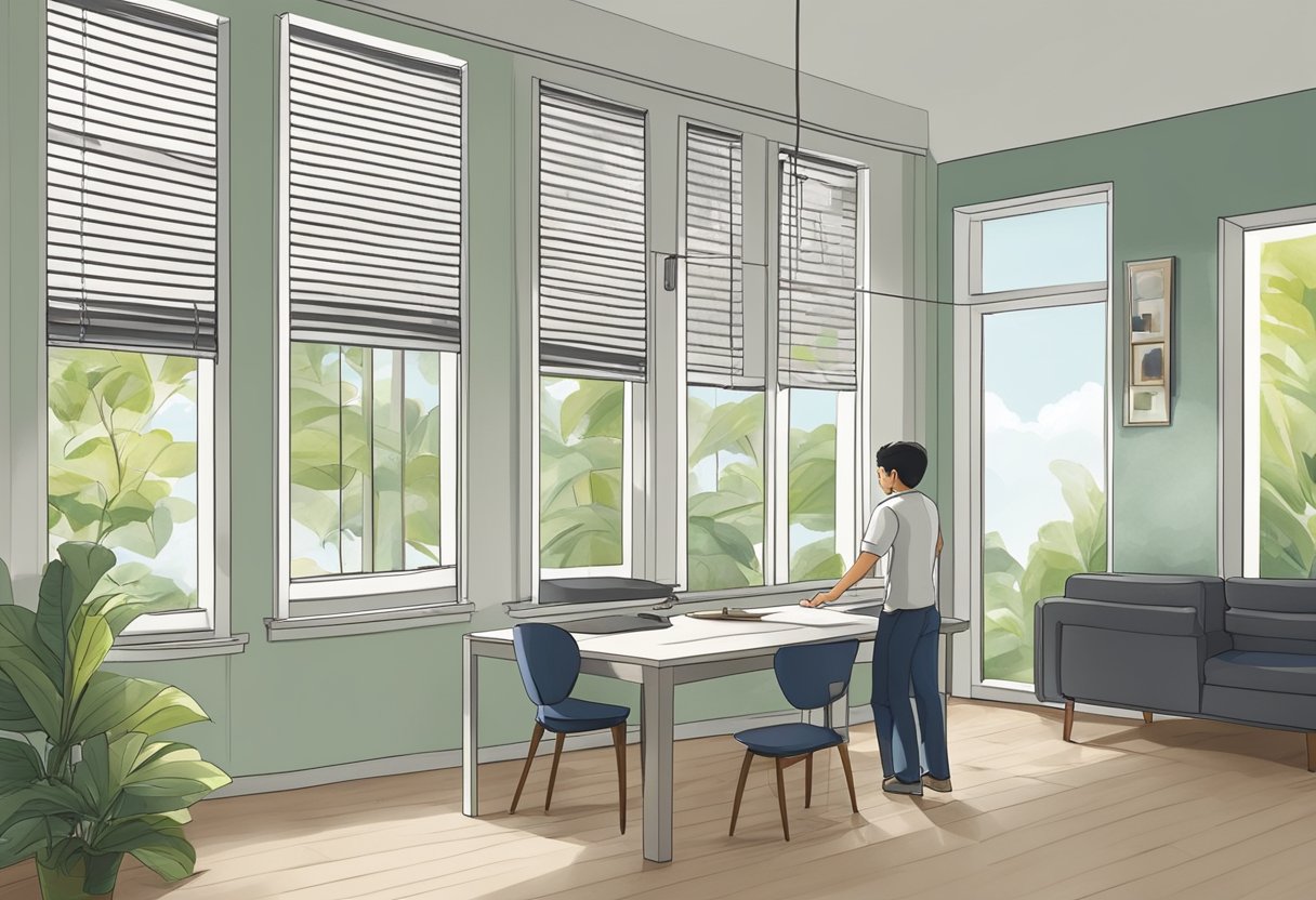 A technician installs and maintains blinds in a modern Singaporean home