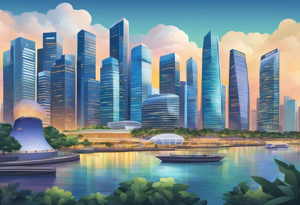 A bustling cityscape with iconic skyscrapers and a modern skyline, featuring the unique architecture and vibrant energy of Singapore's financial district