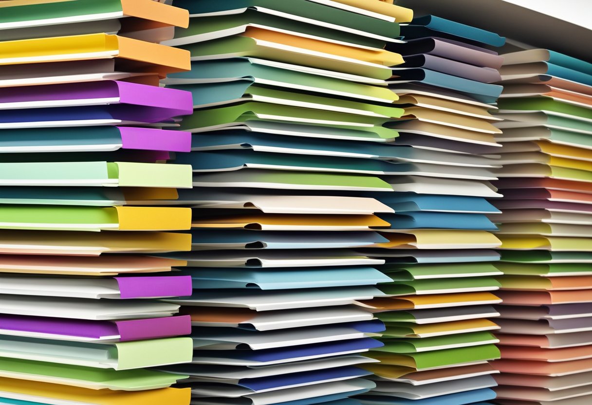 A stack of colorful blinds with "Frequently Asked Questions" printed on the labels, displayed in a modern Singapore showroom