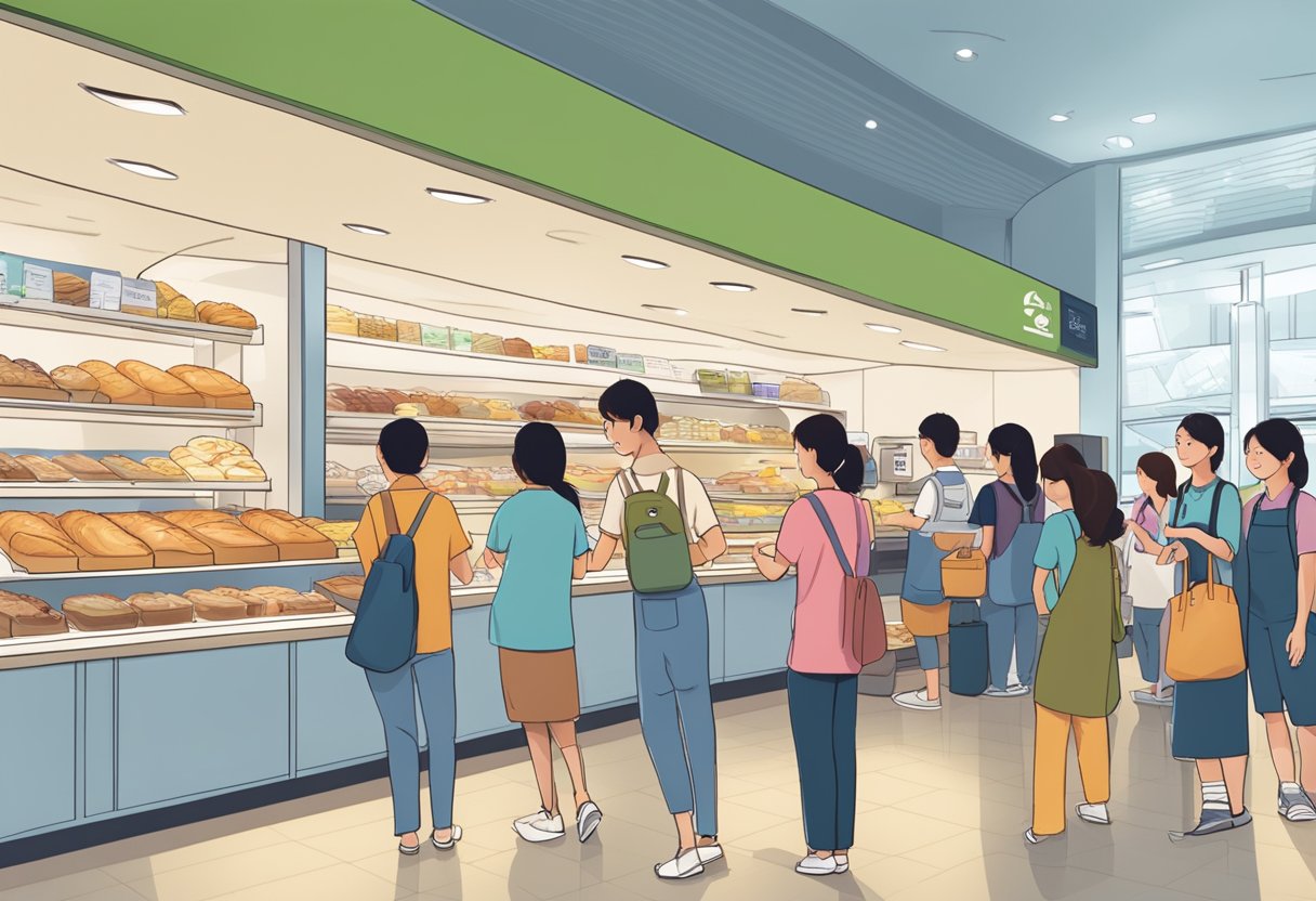 A bustling BreadTalk store in Singapore, with customers lining up and browsing the display of freshly baked goods. The staff are busy serving and packaging orders