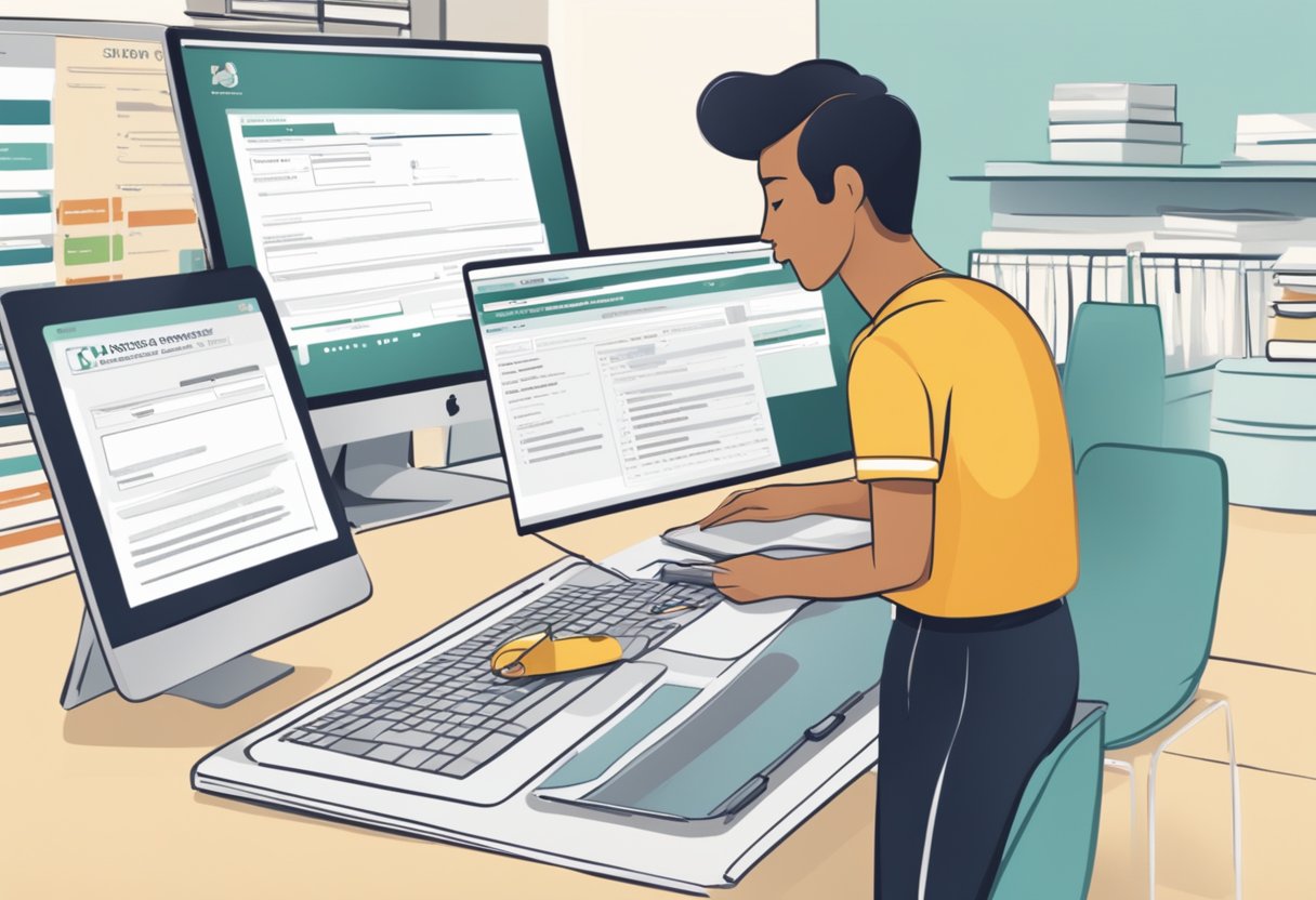A person filling out an online application form on a computer with the "Eligibility and Application" page of the onepass Singapore website displayed on the screen