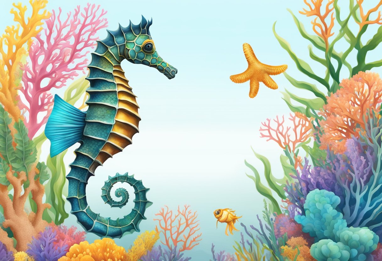 A vibrant sea horse glides gracefully through the clear waters of Singapore, surrounded by colorful coral and exotic marine life