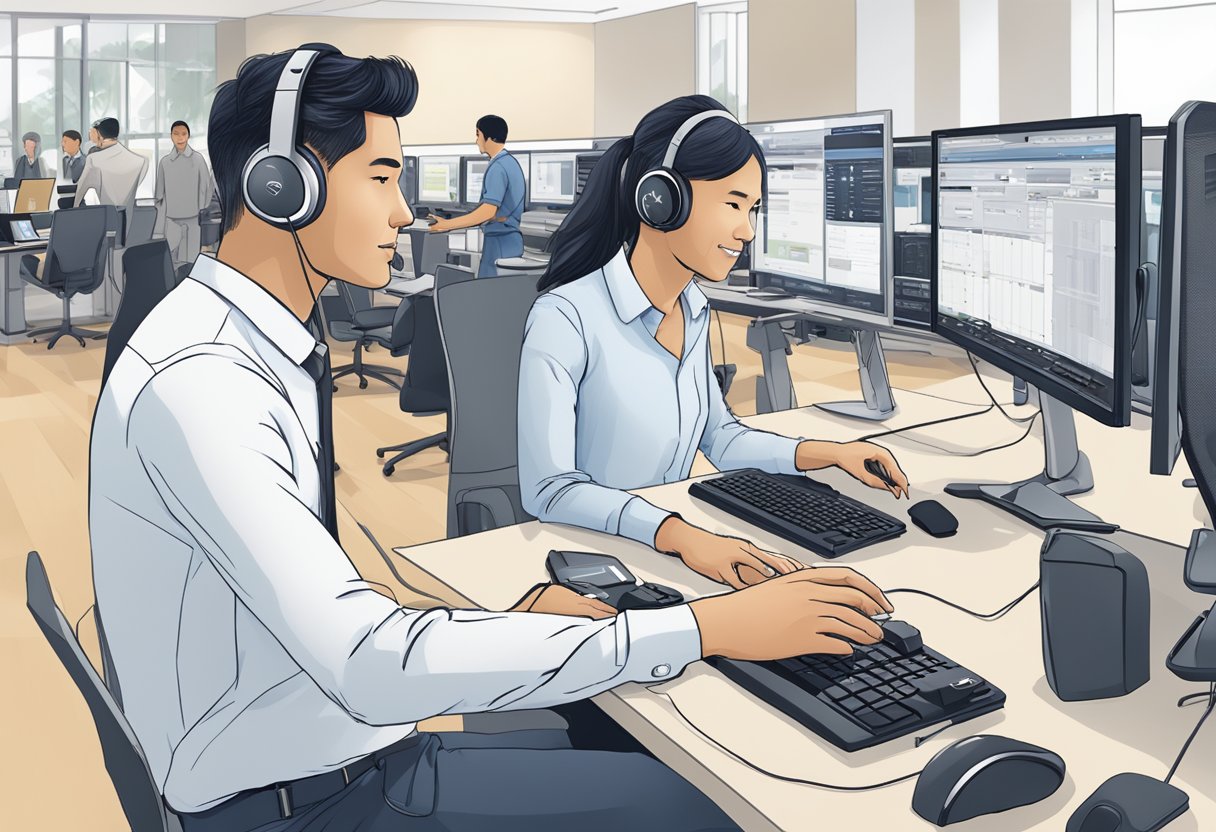 A customer service representative assists a client with Sennheiser products at a Singapore support center