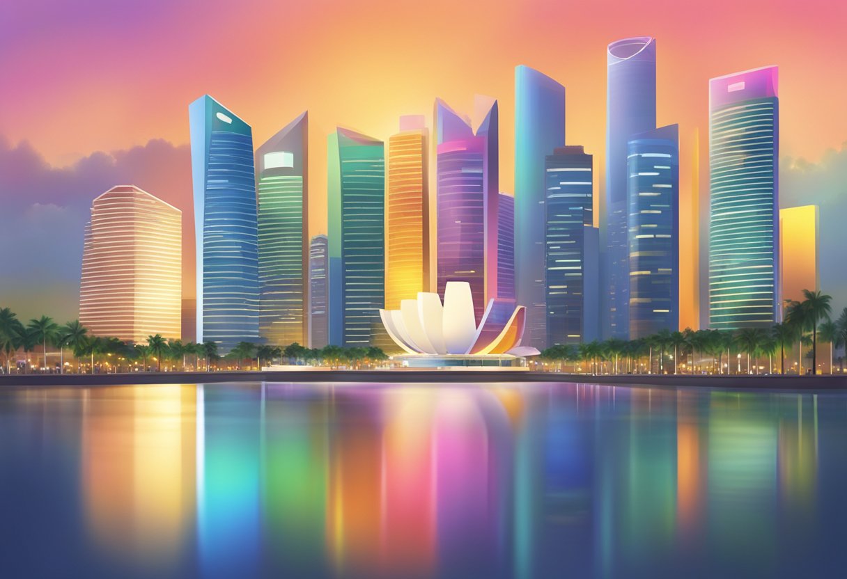 A colorful prism reflects light in Singapore's skyline at dusk