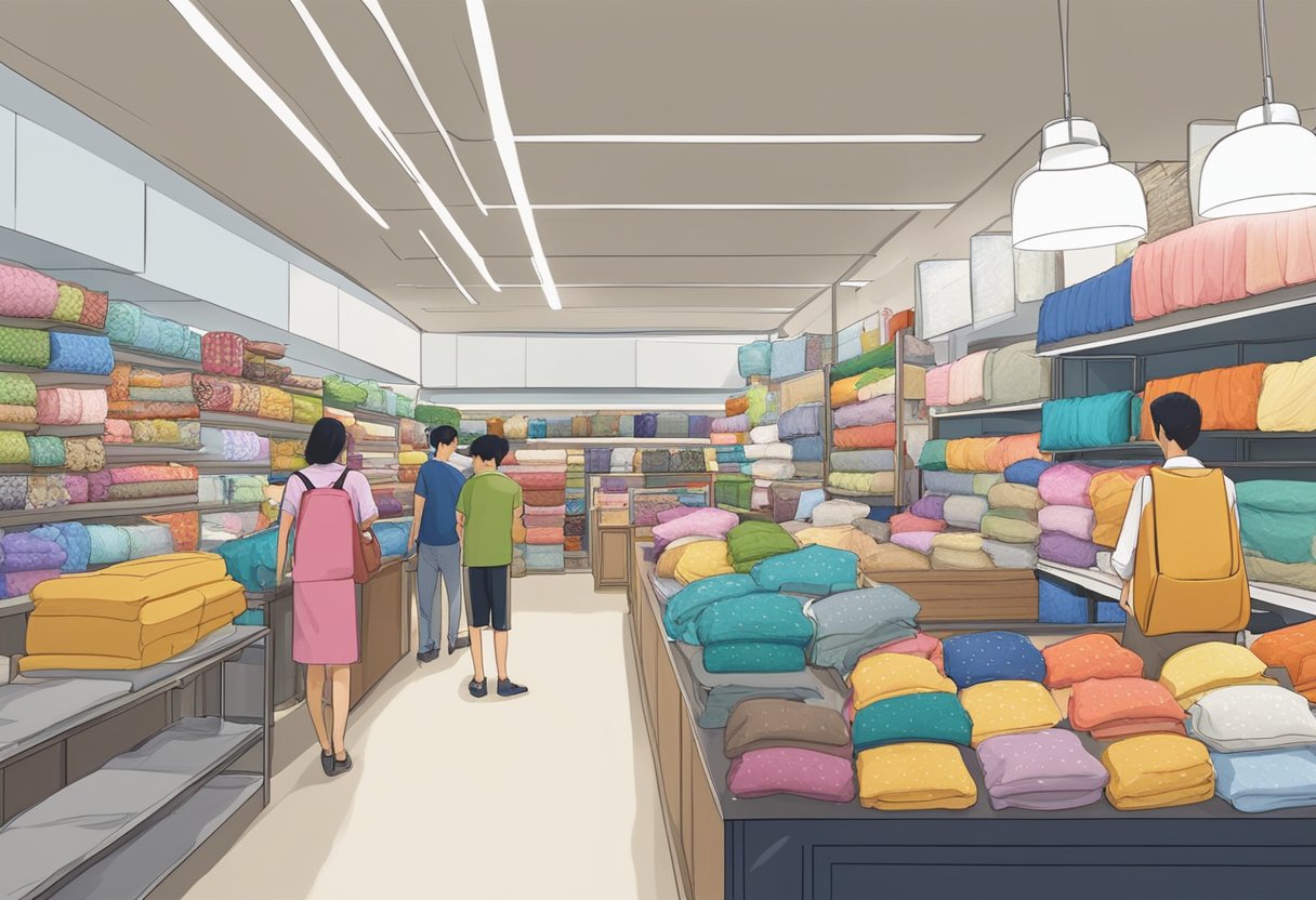 A bustling store in Singapore, Sea Horse Products, with colorful displays of bedding, furniture, and home accessories. Customers browse the aisles, admiring the high-quality merchandise