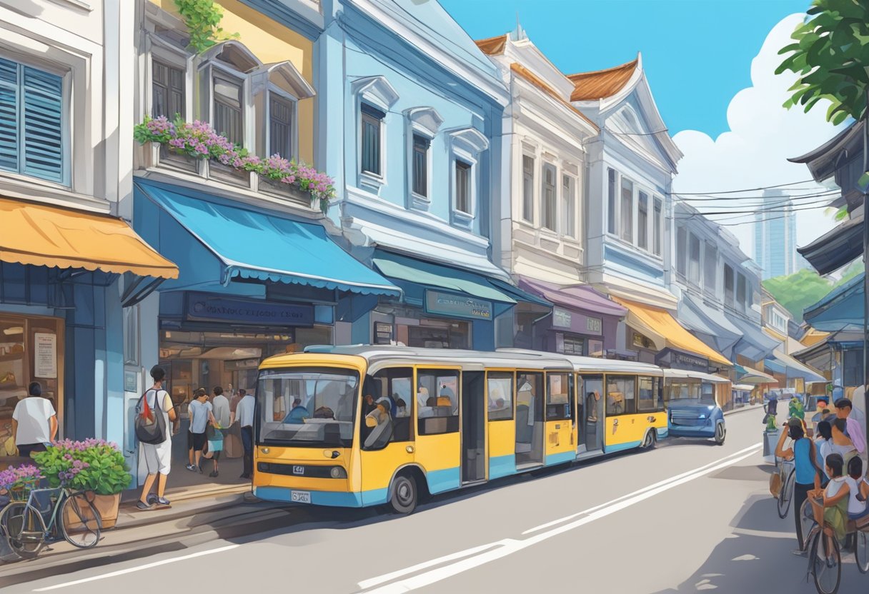 A bustling street in Singapore, with vibrant blue ginger flowers blooming against a backdrop of traditional shophouses and bustling activity