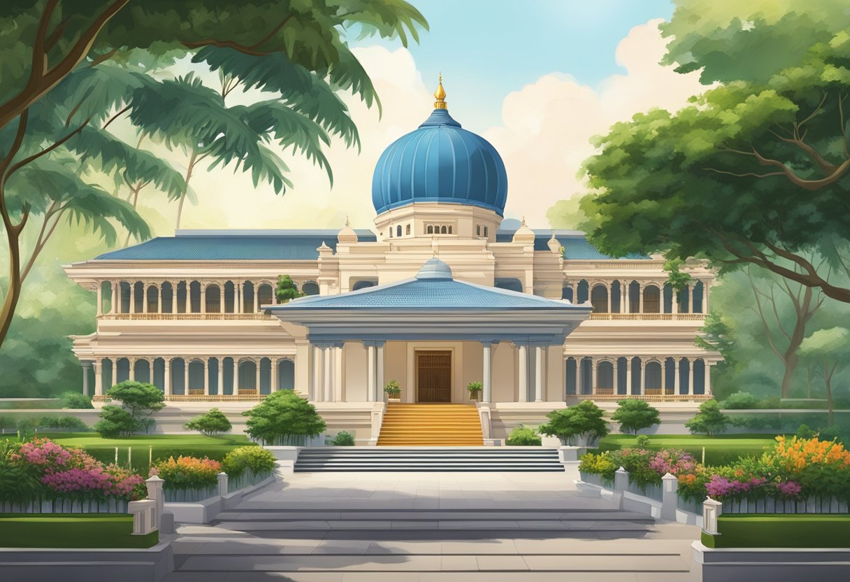 The Ramakrishna Mission in Singapore stands tall, surrounded by lush greenery and serene atmosphere, with its intricate architectural details and peaceful ambiance