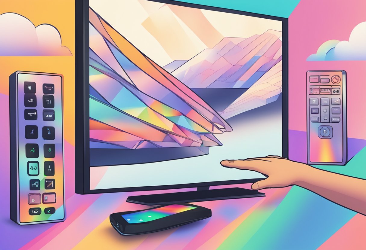 A hand reaching out to touch a remote control, while a TV screen displays various Prism+ TV features