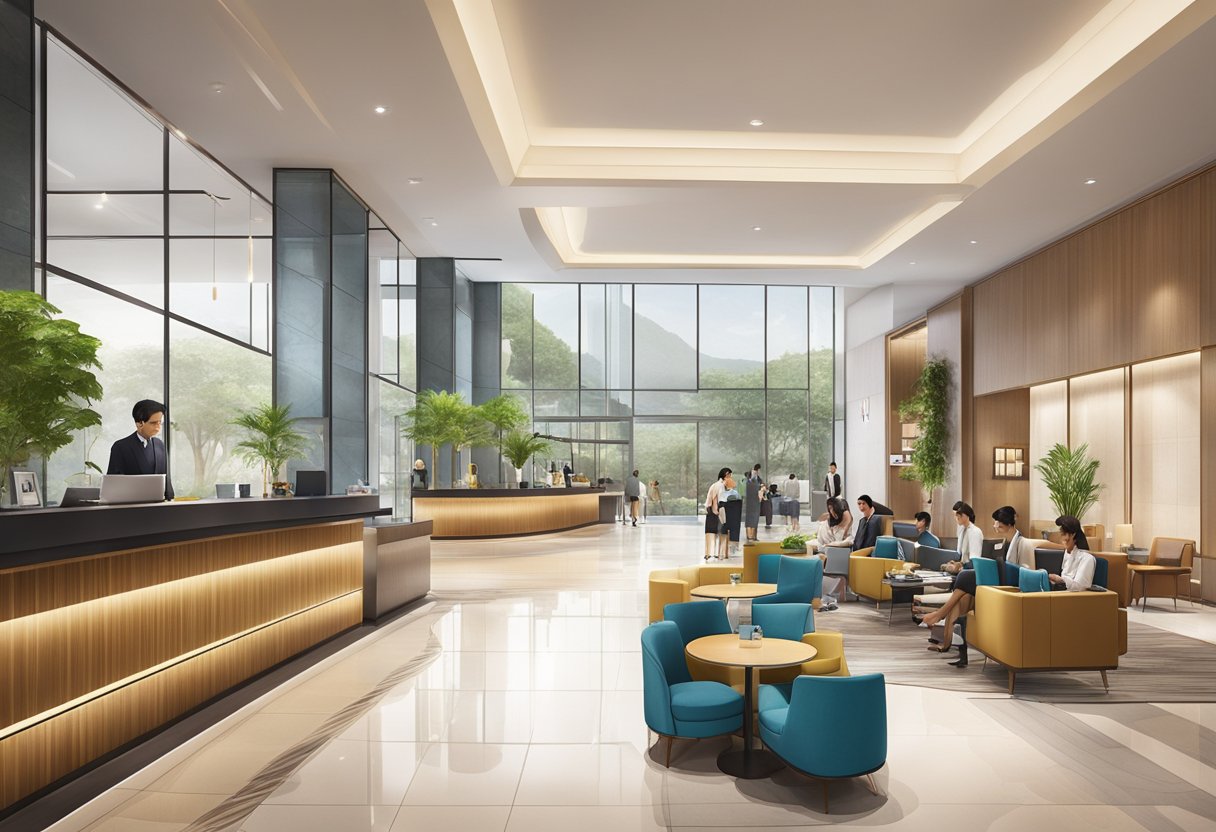 The bustling lobby of Capri by Fraser Changi City Singapore, with modern decor and a sleek reception desk