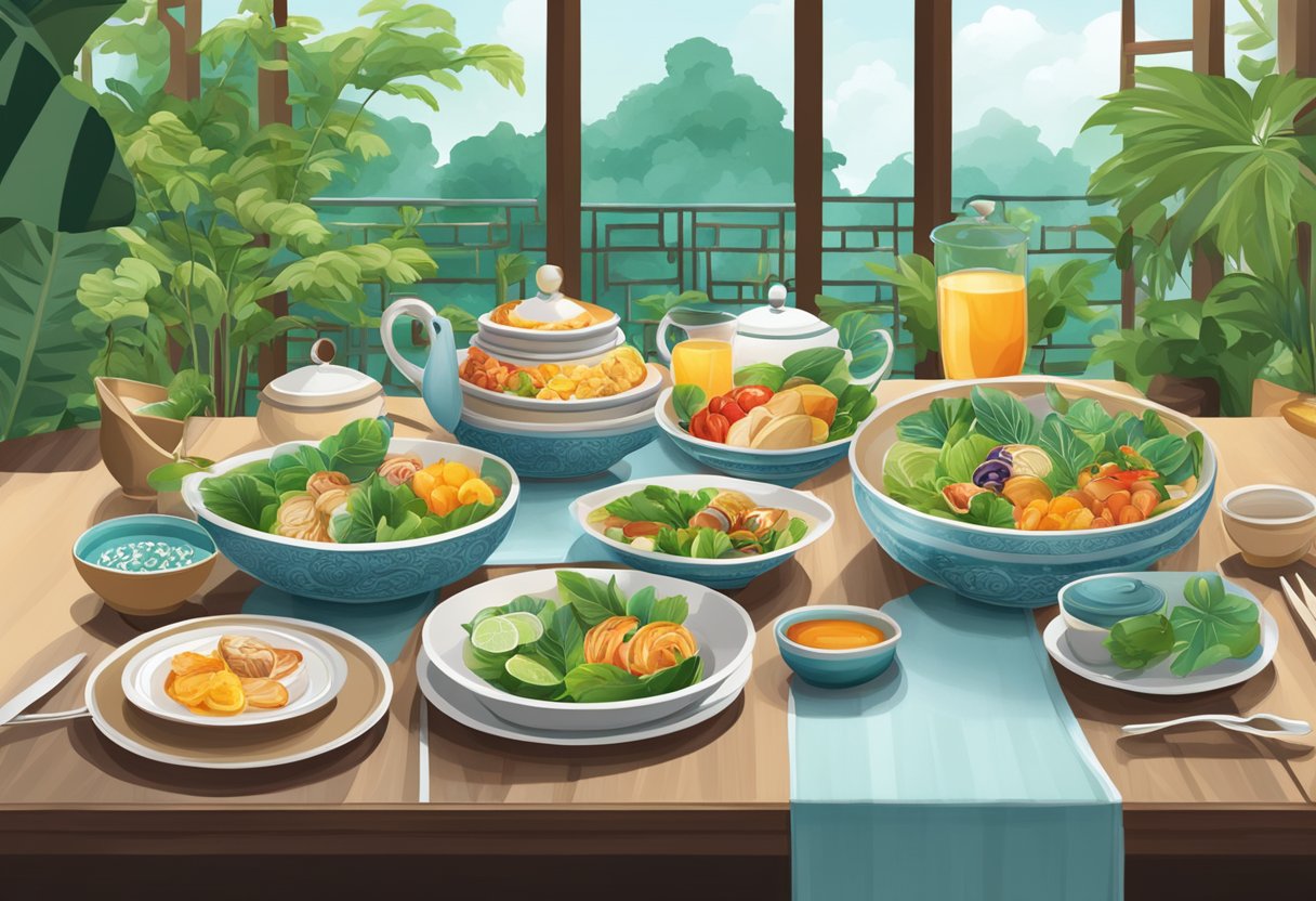 A table set with vibrant dishes, surrounded by lush greenery and traditional Singaporean architecture