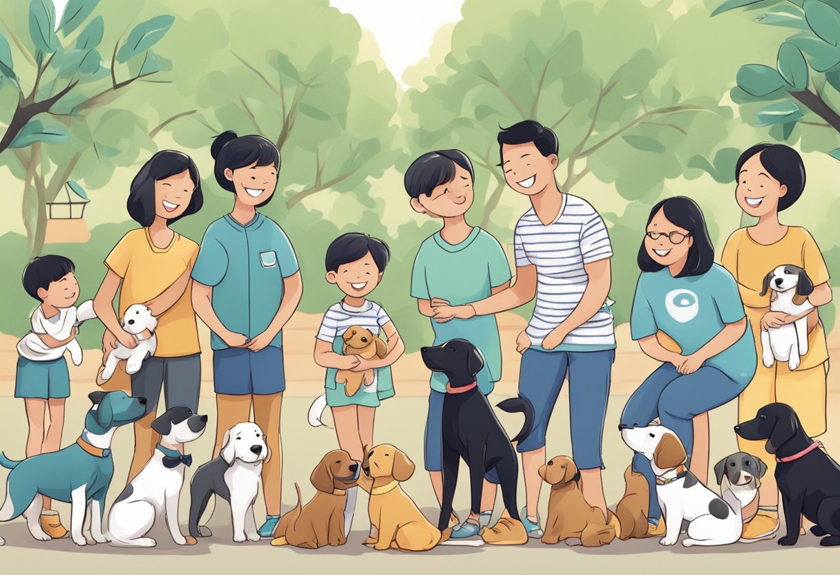 A joyful puppy adoption event in Singapore with wagging tails and happy families