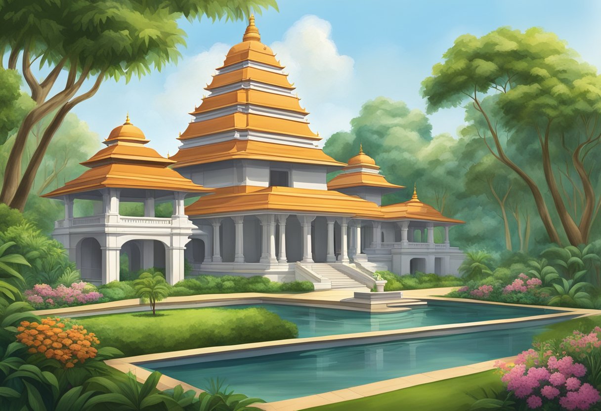 A serene garden with a traditional Indian temple, surrounded by lush greenery and calm water features. The architecture reflects the rich history and philosophy of Ramakrishna Mission Singapore