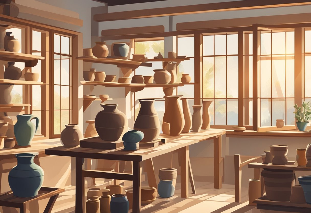 Pottery wheel spinning, hands-free, shaping clay into a vase. Tools and finished pieces line the studio shelves. Sunlight streams in through large windows