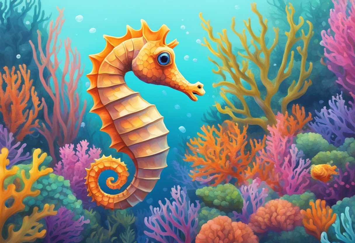 A colorful sea horse swims among vibrant coral reefs in the clear waters of Singapore, surrounded by curious onlookers