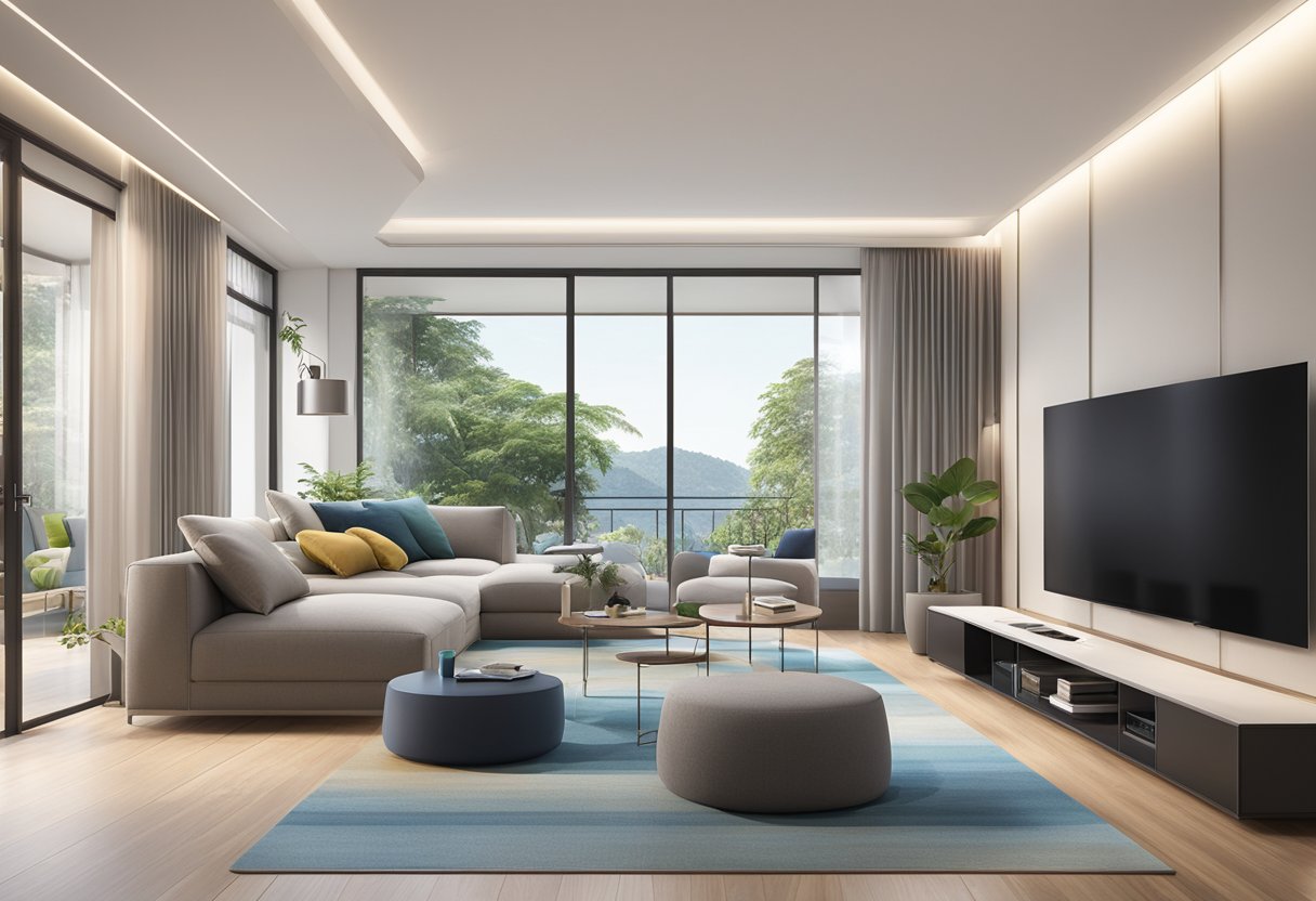 A modern living room with a sleek TV and various devices seamlessly connected, showcasing the convenience of Prism TV in Singapore