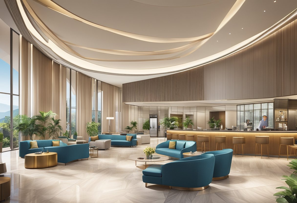 The spacious lobby of Capri by Fraser Changi City Singapore features modern furnishings, a welcoming reception area, and a stylish bar
