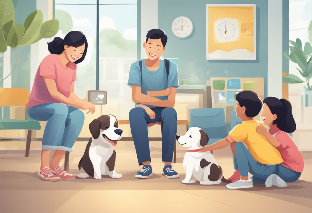 A joyful puppy eagerly greets a smiling family at a local adoption center in Singapore