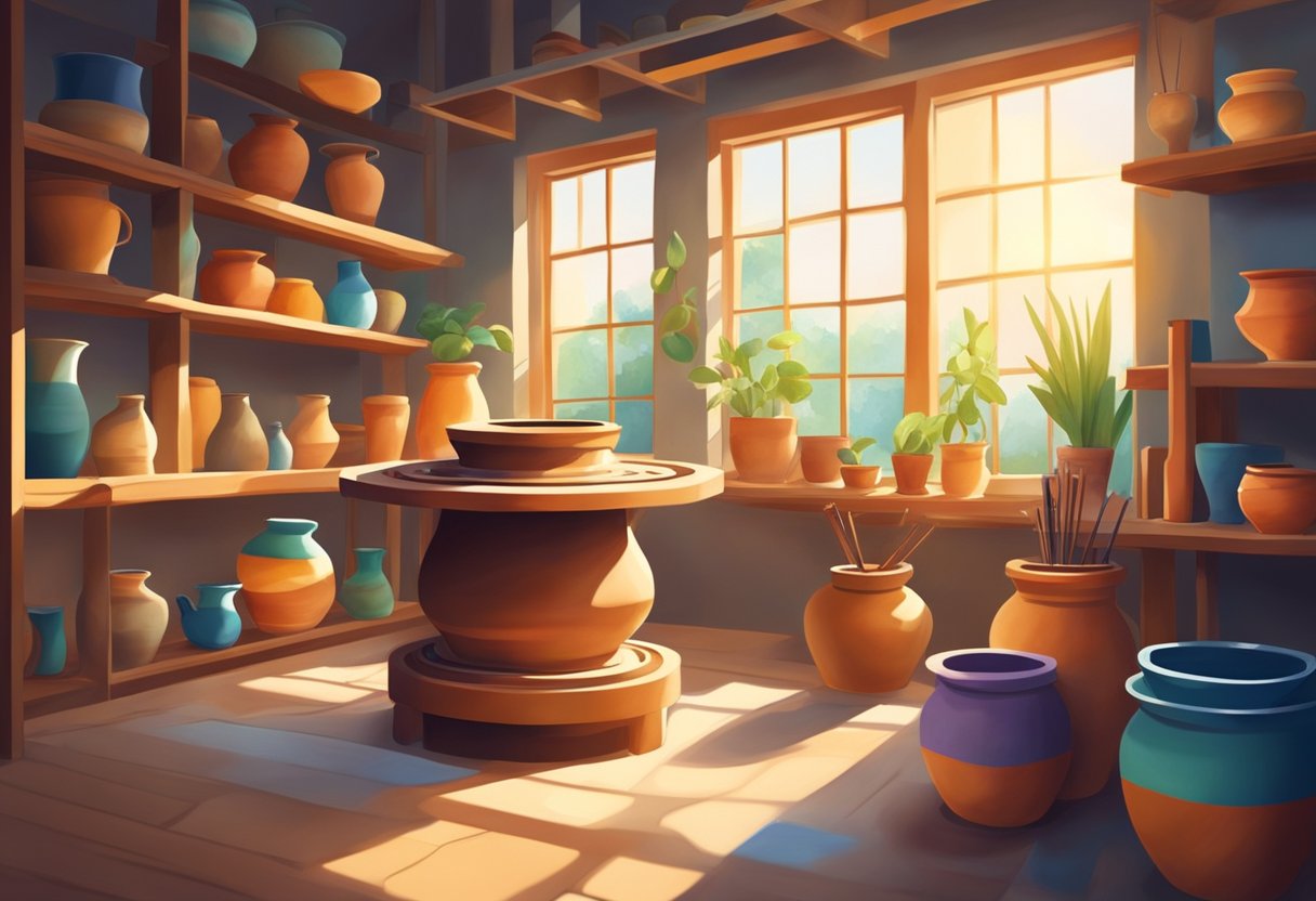 A pottery wheel spins as a clay pot takes shape. Shelves are filled with colorful glazes and tools. Sunlight streams through large windows, illuminating the creative space