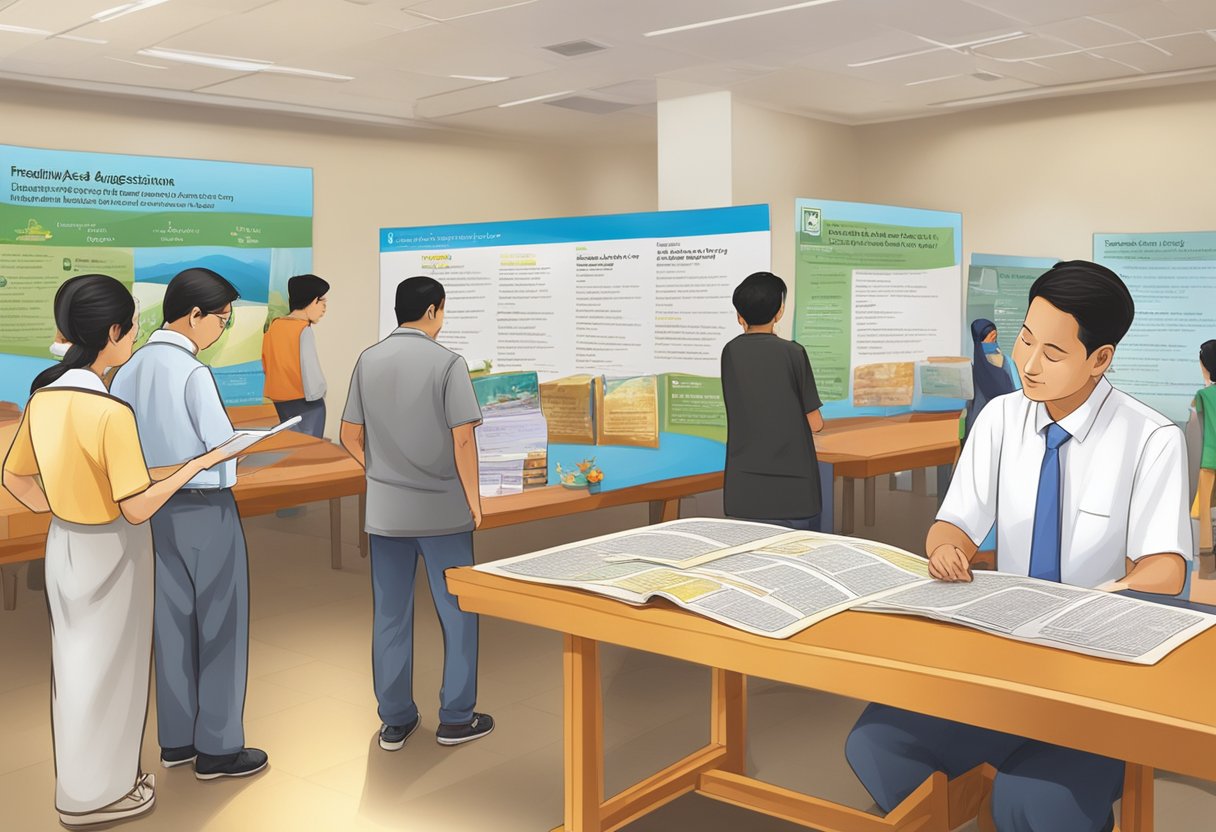 A table with a sign "Frequently Asked Questions" at Ramakrishna Mission Singapore. Visitors reading the displayed information