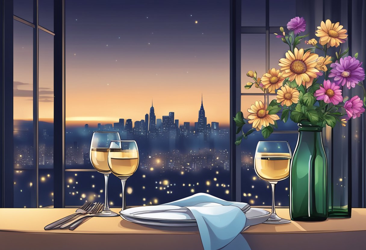 A table set with candles and flowers, overlooking the city skyline at night. A bottle of wine and two glasses await