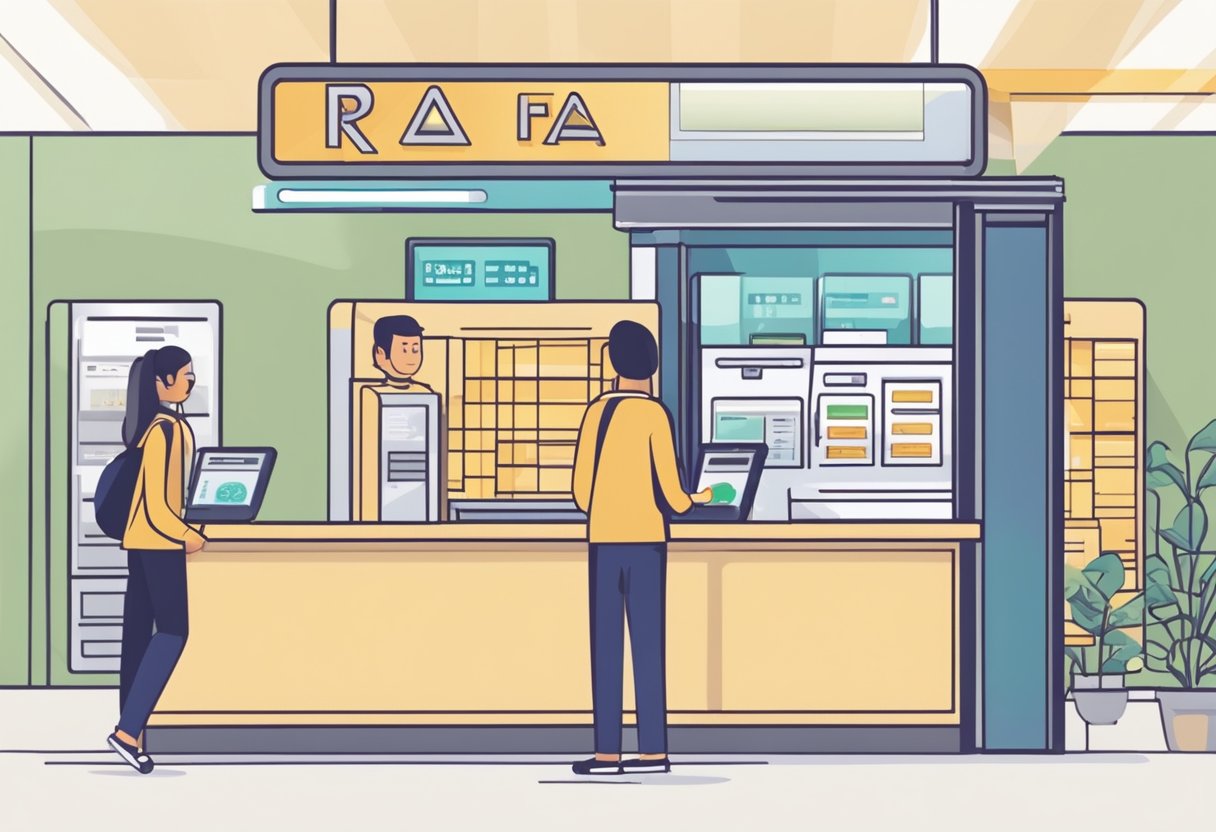 A person enters a Ria Money Transfer location in Singapore. They approach the counter, fill out a form, and hand over cash to the teller. The teller processes the transaction and provides a receipt
