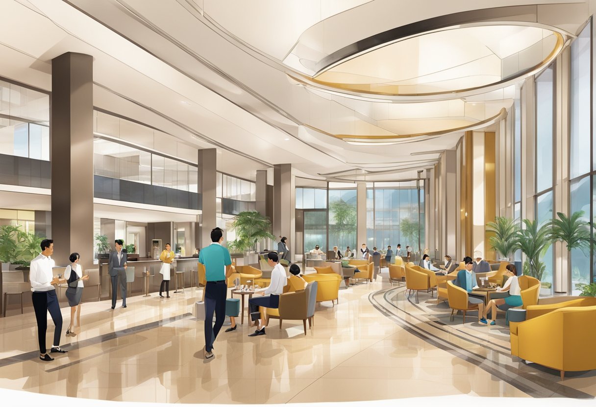 The bustling lobby of Capri by Fraser Changi City, Singapore, with guests enjoying the modern amenities and rewards offered by the hotel's services