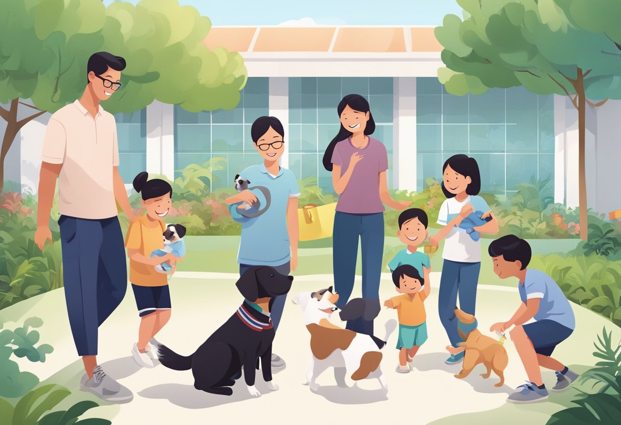 A family of four happily adopts a playful puppy at a Singapore animal shelter, surrounded by staff and volunteers offering guidance and aftercare resources