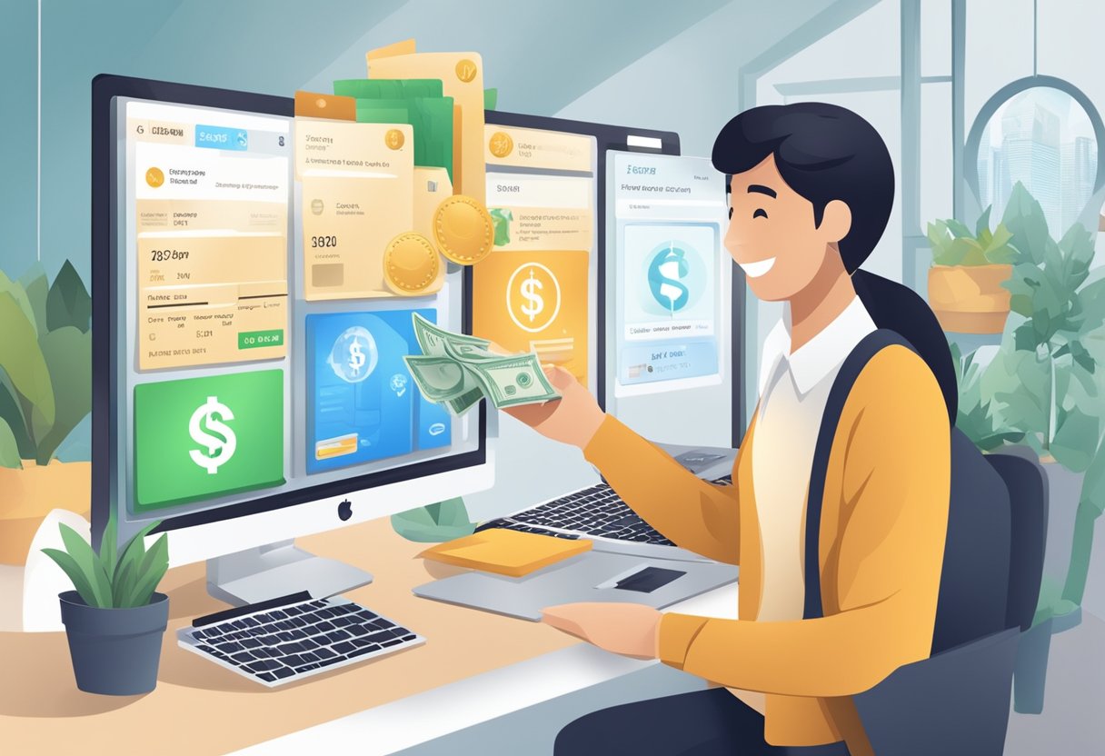 A person in Singapore sends money through Ria transfer, with a variety of options and benefits displayed on the screen