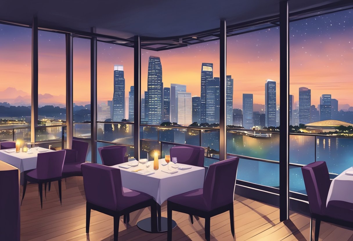 Candlelit tables overlook a city skyline. Soft music plays as couples enjoy gourmet meals and fine wine at a top romantic restaurant in Singapore