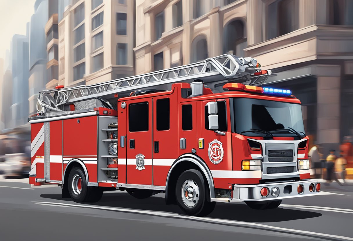 A red fire truck races through the city streets, with the iconic SCDF logo emblazoned on its side. Sirens wail as it speeds towards an emergency