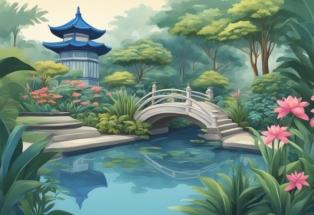 A serene garden with lush blue ginger plants, a tranquil pond, and traditional Singaporean architecture
