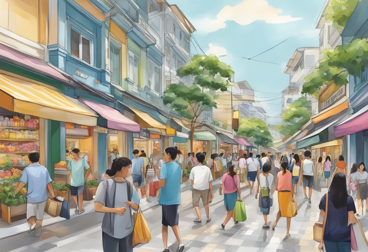 A bustling street in Rabeanco Singapore, with colorful storefronts and busy shoppers